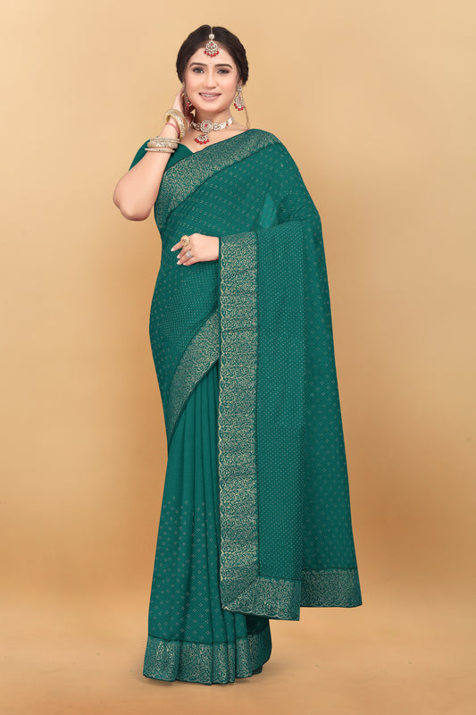 Vichitra Pure Blooming With Siroski Work & Lace Border Saree