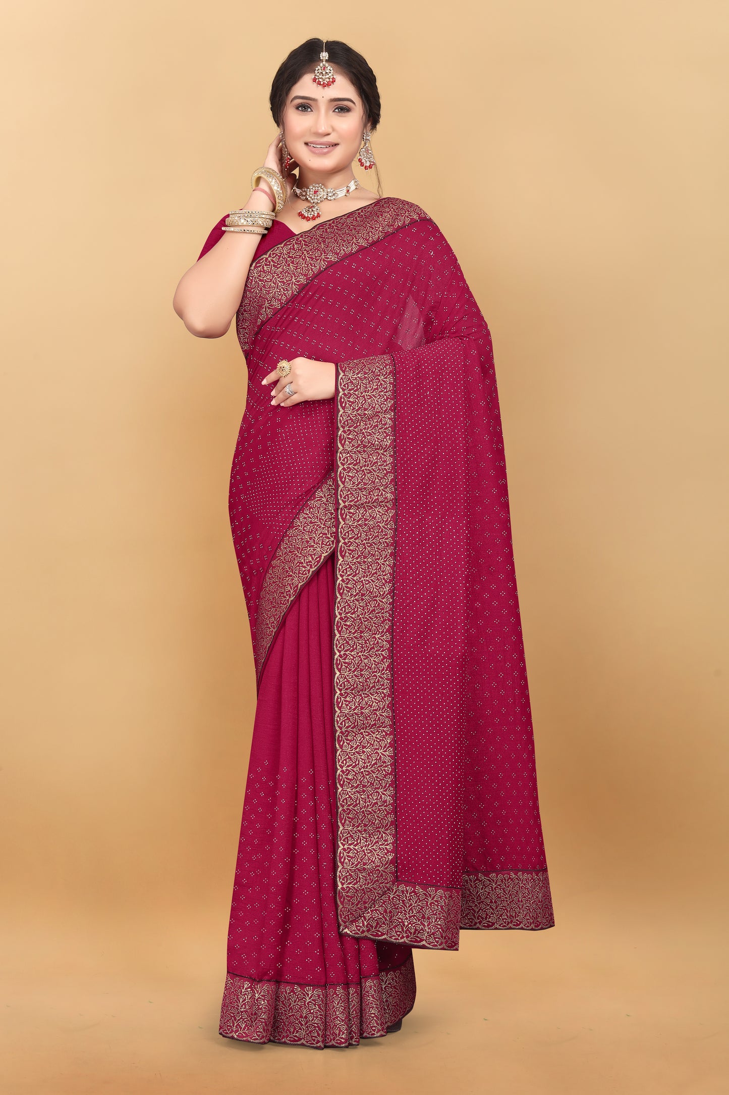 Vichitra Pure Blooming With Siroski Work & Lace Border Saree