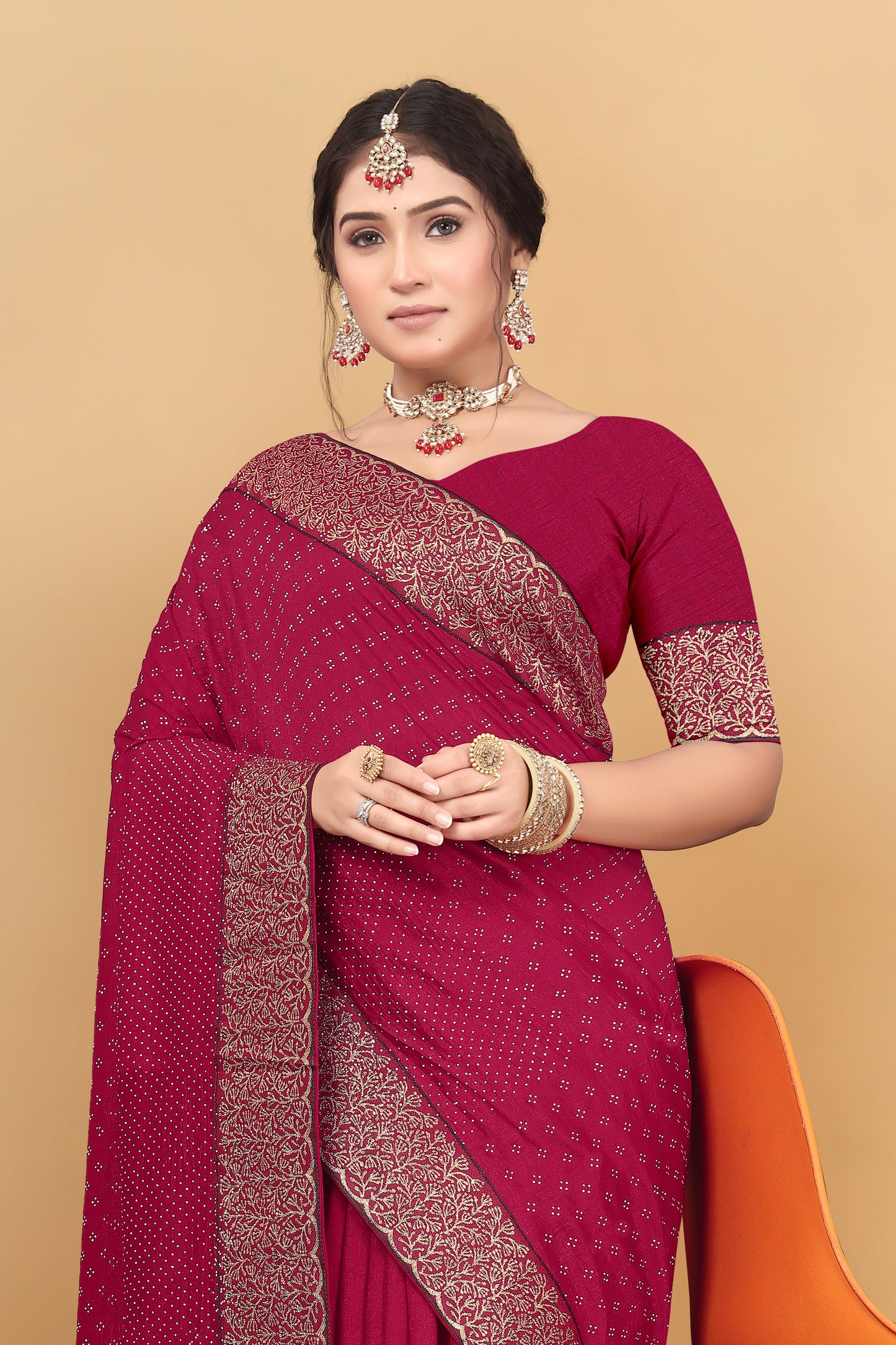 Vichitra Pure Blooming With Siroski Work & Lace Border Saree