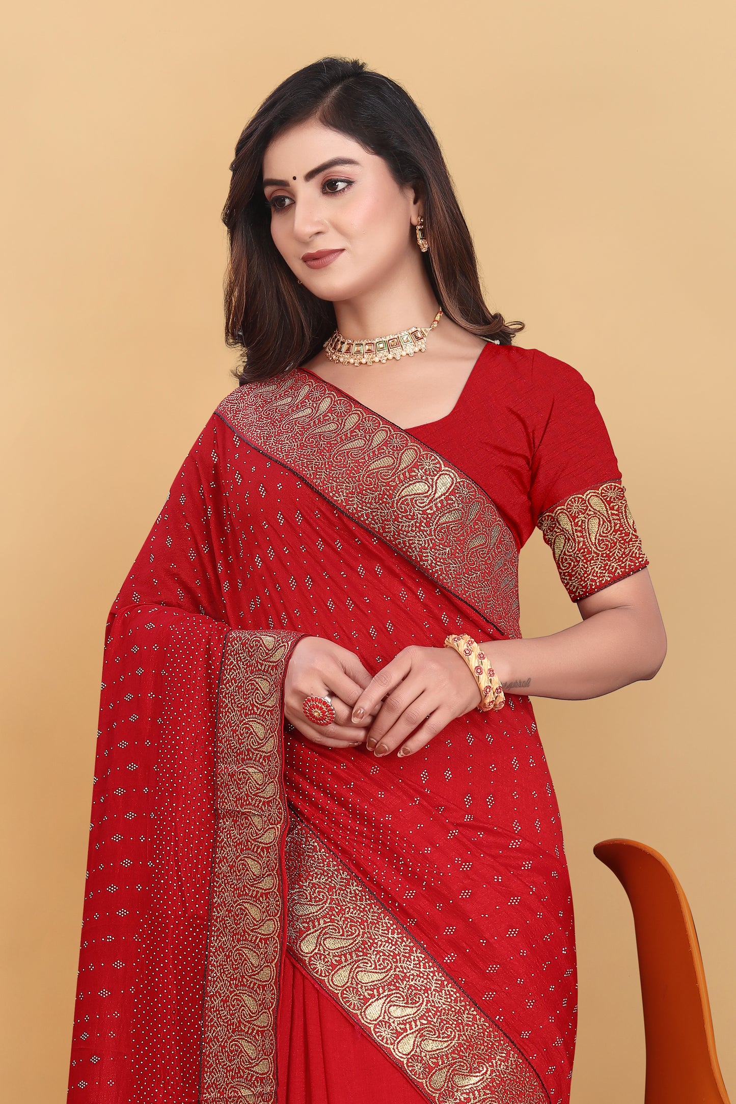 Vichitra Pure Blooming With Siroski Work & Lace Border Saree