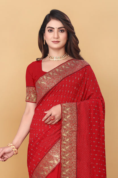 Vichitra Pure Blooming With Siroski Work & Lace Border Saree