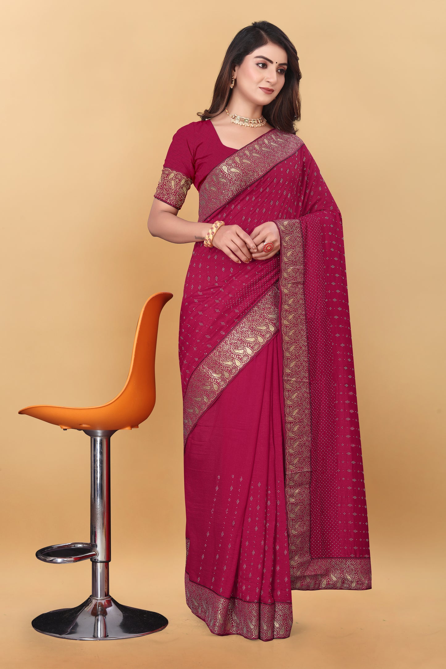 Vichitra Pure Blooming With Siroski Work & Lace Border Saree