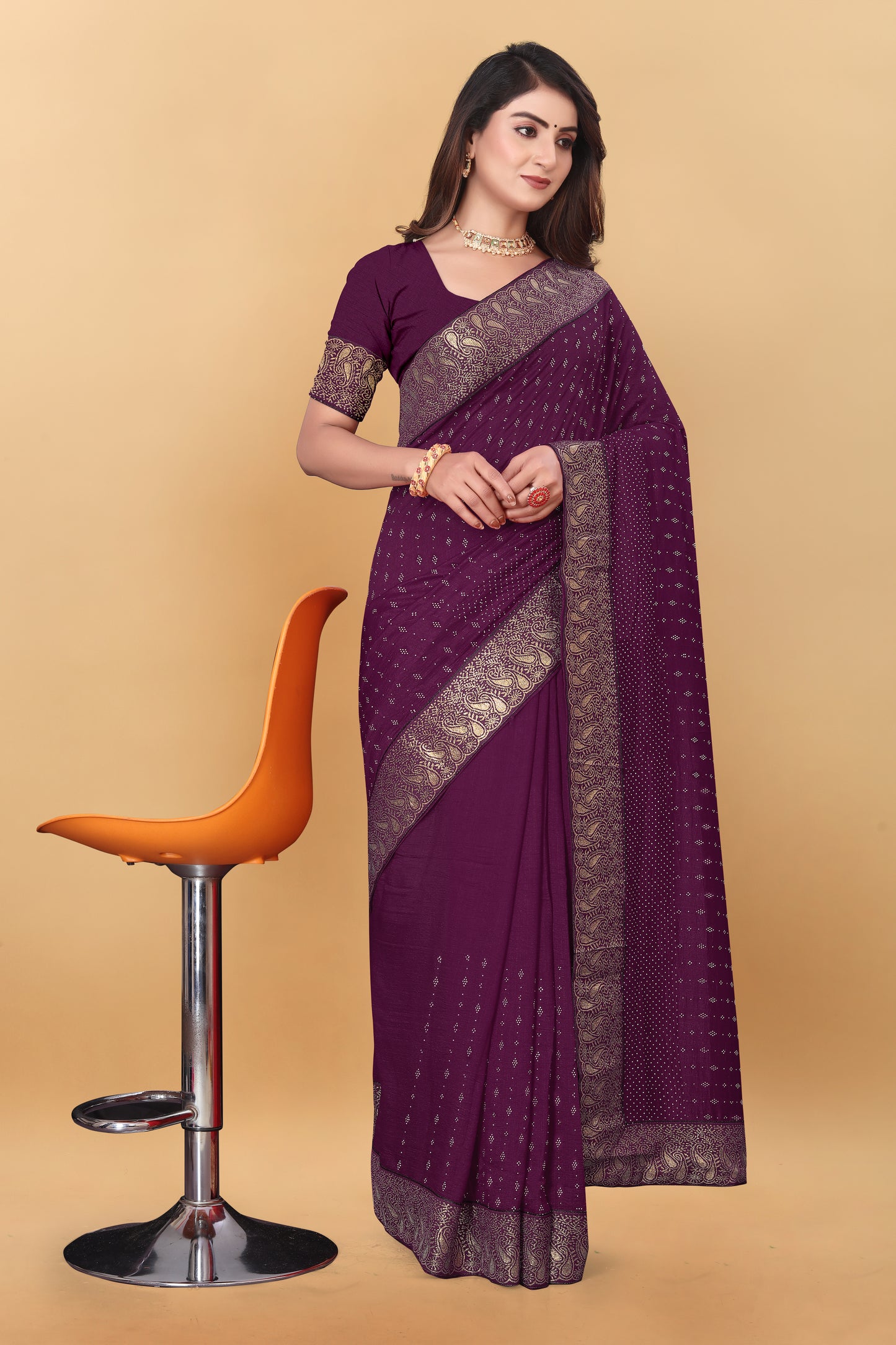 Vichitra Pure Blooming With Siroski Work & Lace Border Saree