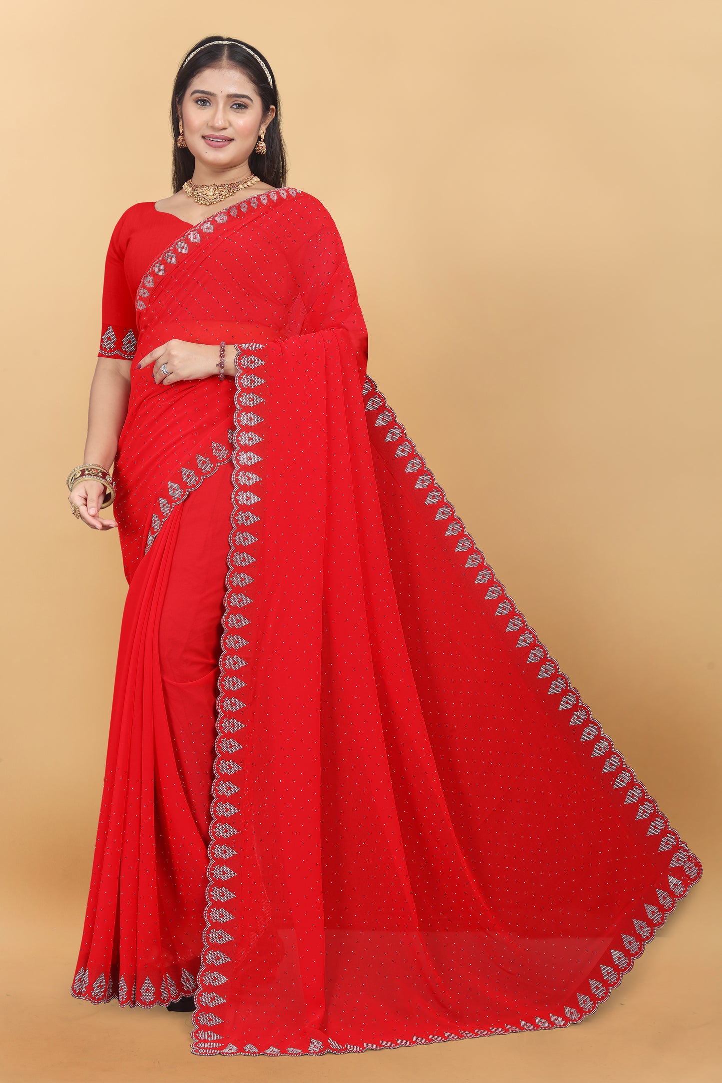 Georgette Blooming With Siroski Work &  Border Saree