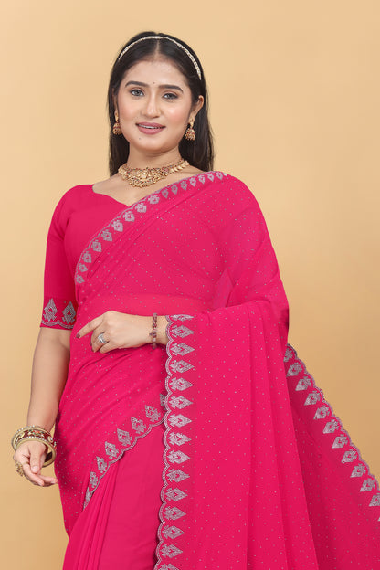 Georgette Blooming With Siroski Work &  Border Saree