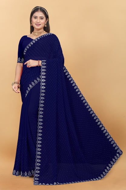 Georgette Blooming With Siroski Work &  Border Saree