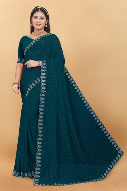 Georgette Blooming With Siroski Work &  Border Saree