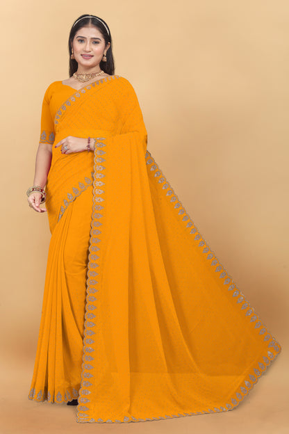 Georgette Blooming With Siroski Work &  Border Saree