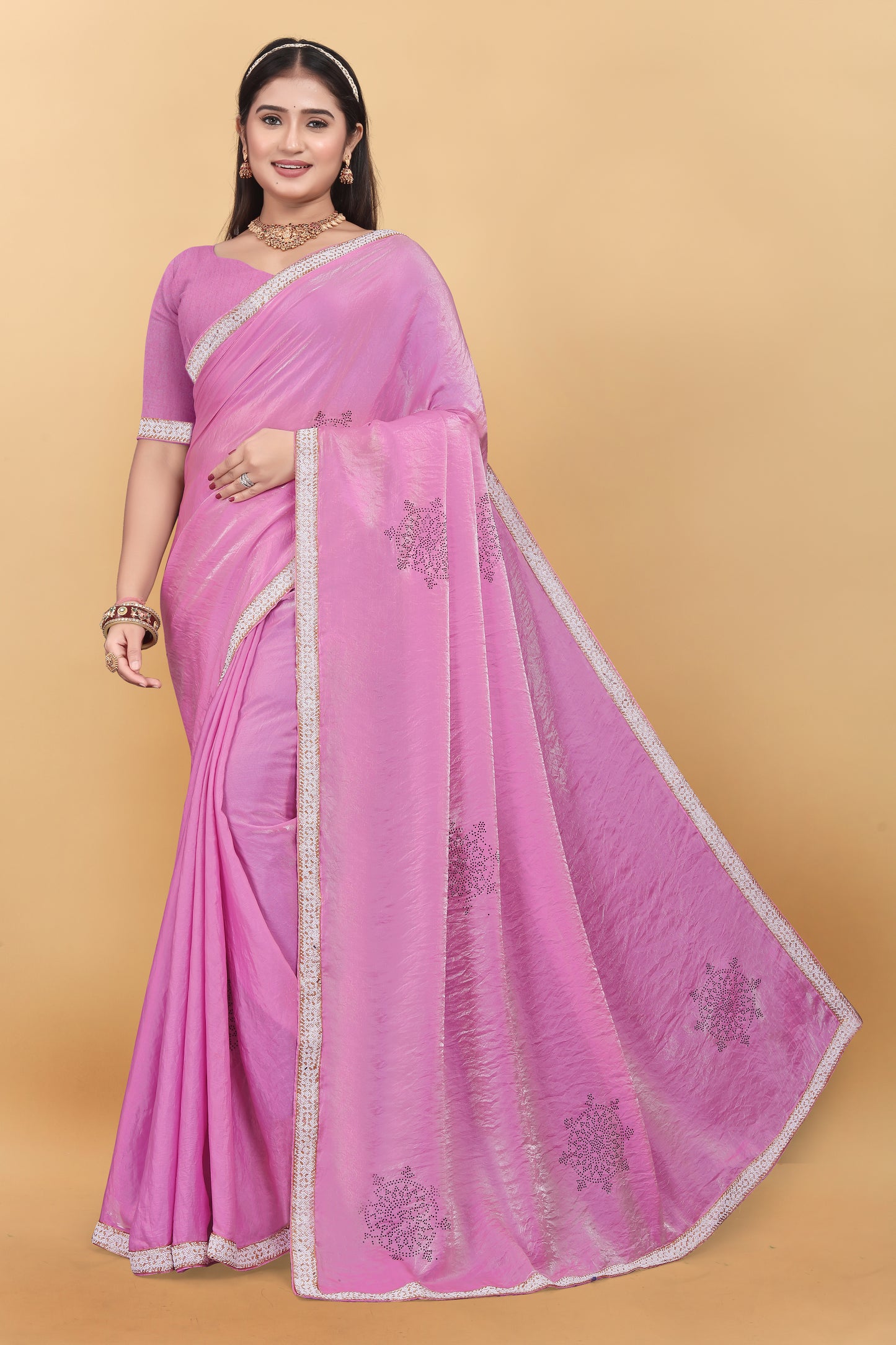 Fendi Silk Designer Saree With Siroski Work & Hand Work Lace Border Saree