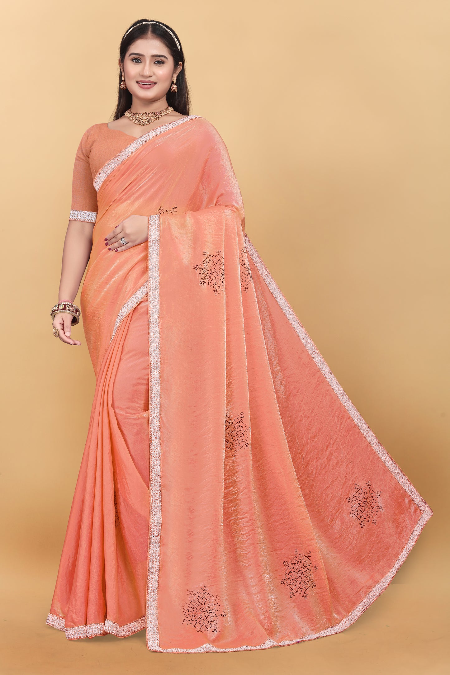 Fendi Silk Designer Saree With Siroski Work & Hand Work Lace Border Saree