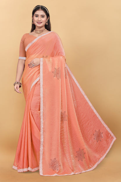 Fendi Silk Designer Saree With Siroski Work & Hand Work Lace Border Saree