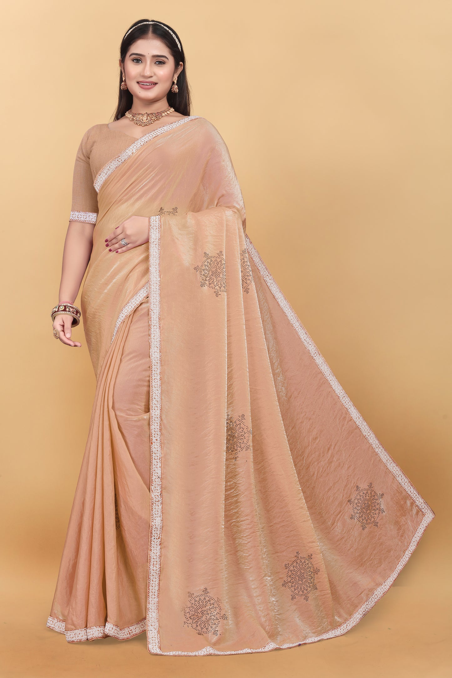 Fendi Silk Designer Saree With Siroski Work & Hand Work Lace Border Saree