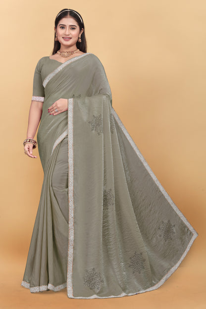 Fendi Silk Designer Saree With Siroski Work & Hand Work Lace Border Saree