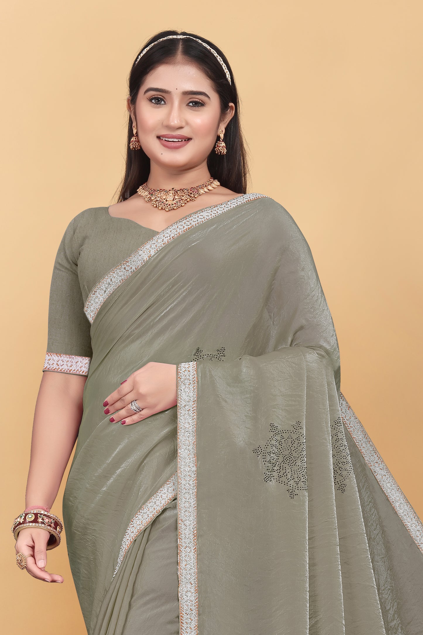 Fendi Silk Designer Saree With Siroski Work & Hand Work Lace Border Saree