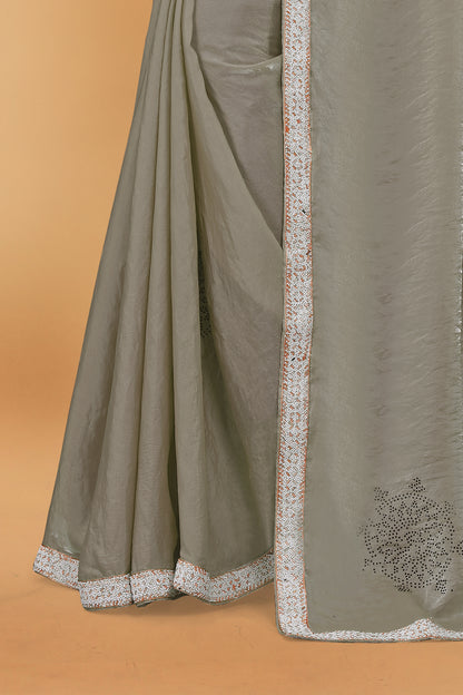 Fendi Silk Designer Saree With Siroski Work & Hand Work Lace Border Saree