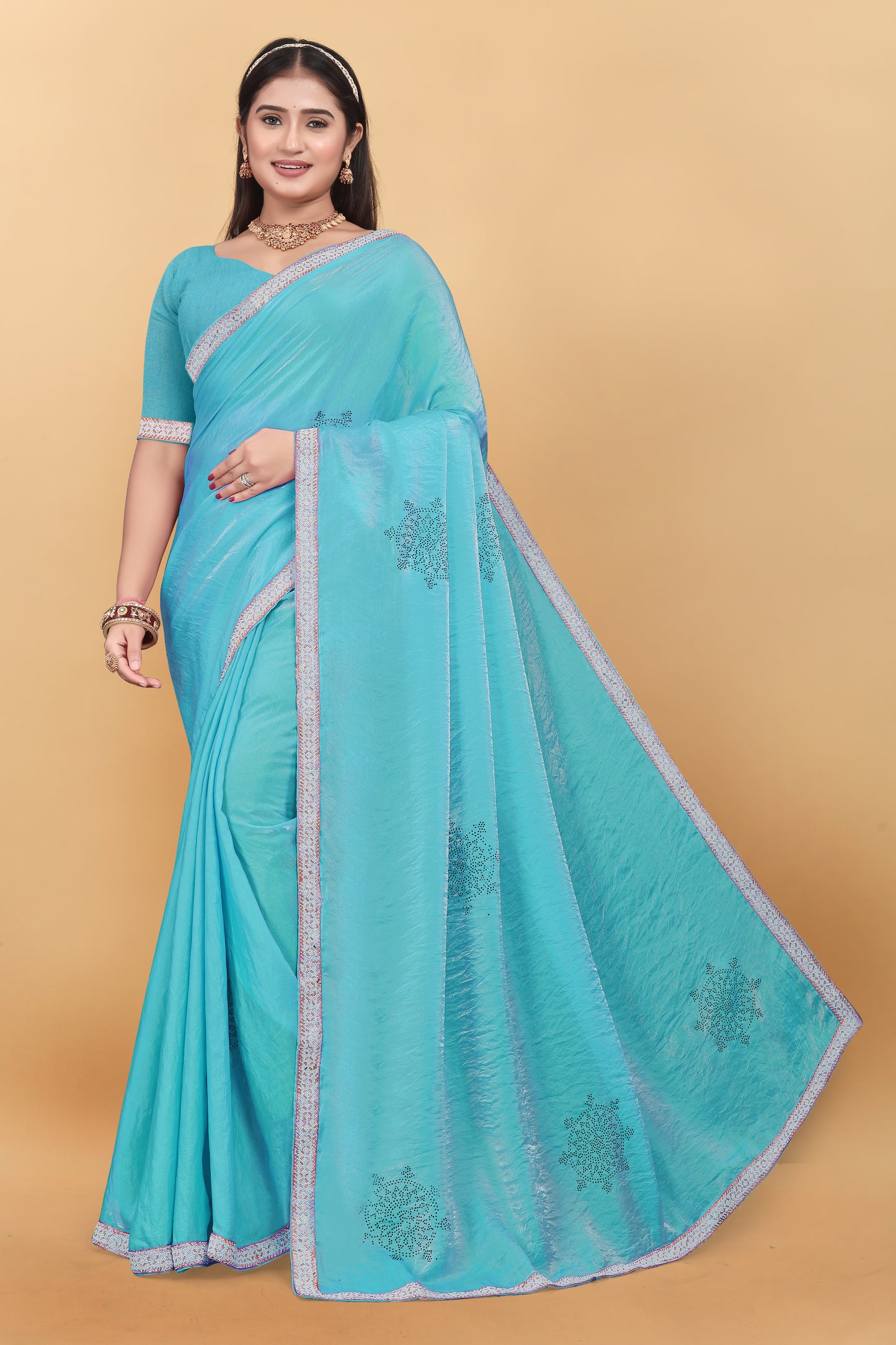 Fendi Silk Designer Saree With Siroski Work & Hand Work Lace Border Saree